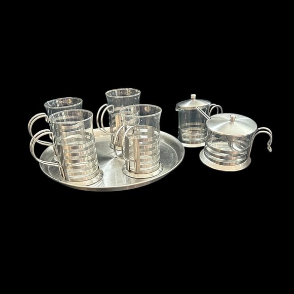 Mid-Century Modern Glass & Stainless Steel Coffee Tea Set – 7-Piece MOD Design - Picture 2 of 16